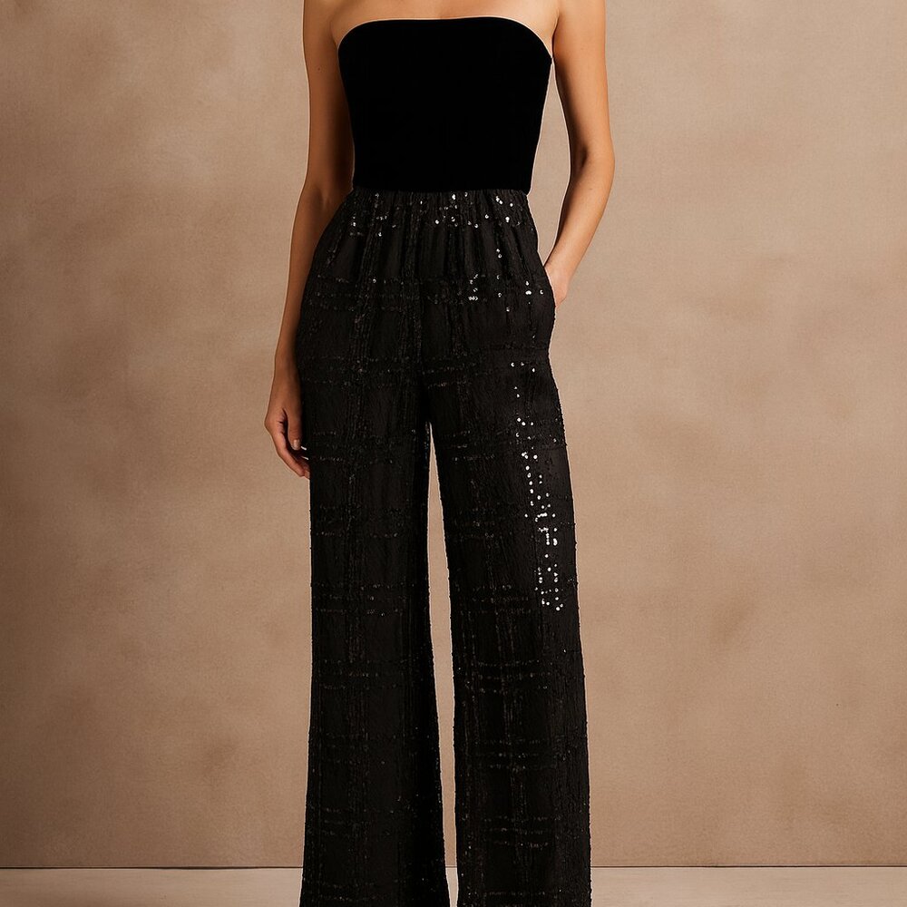 Vintage 90s Oscar De La Renta Formal Black Velvet Sequin Palazzo Jumpsuit 4